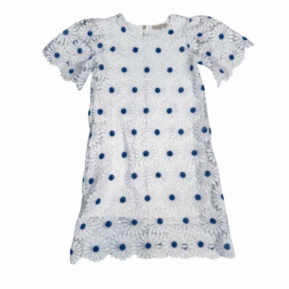 Hannah Banana Girls Shift Dress Size 7 White Blue Daisy Floral Knee Length